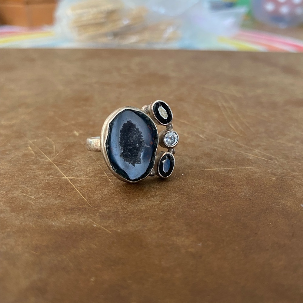 925 Silver Real Druzy Quartz Gemstone Garnet CZ Ring Size 6.75
